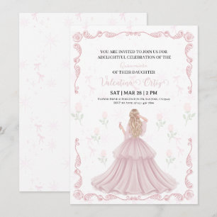 Invitación Princesa coqueta de lazo rosa Quinceañera floral