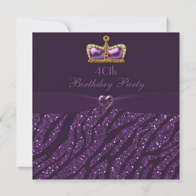 Invitación Princesa Corona Corazón y Purpurina de Cebra 40 añ (Anverso)
