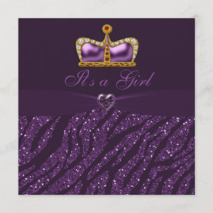 Invitación Princesa Corona, Corazón y Purpurina Zebra Baby Sh