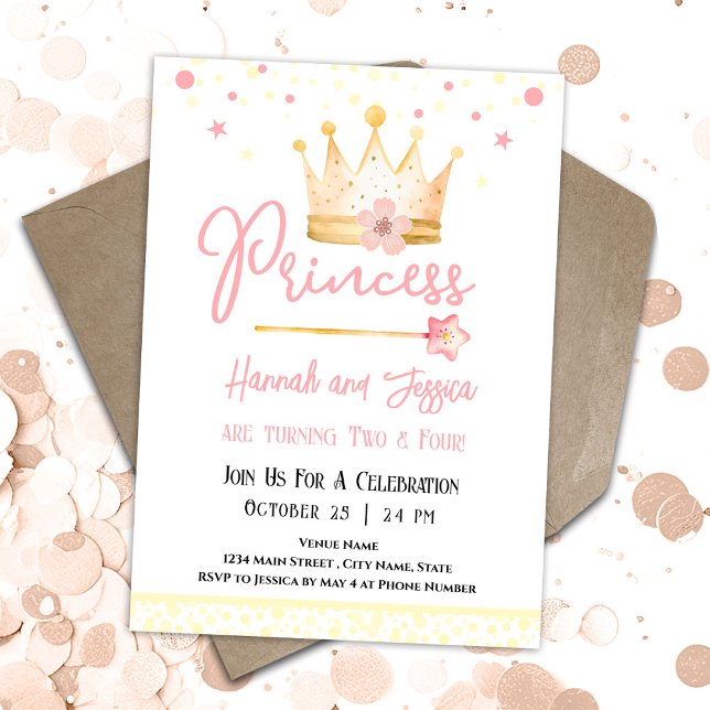 Invitación Princesa Corona Niñas Rosa Cumpleaños Doble (Subido por el creador)