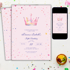 Invitación Princesa Corona Pastel Testigo de Feria Rosa 5º cu