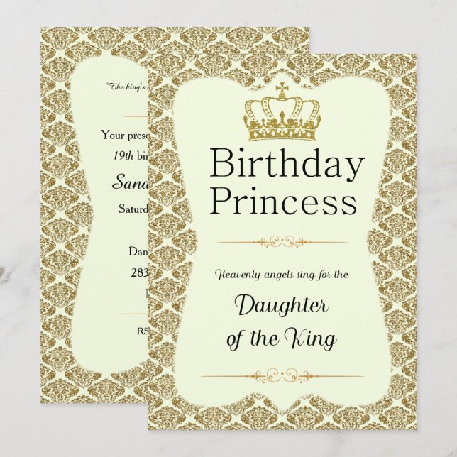 Invitación Princesa Cristiana de Cumpleaños Oro y Damasco Cre (Anverso / Reverso)