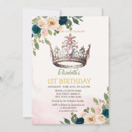 Invitación Princesa Crown Flowers Dots Cumpleaños