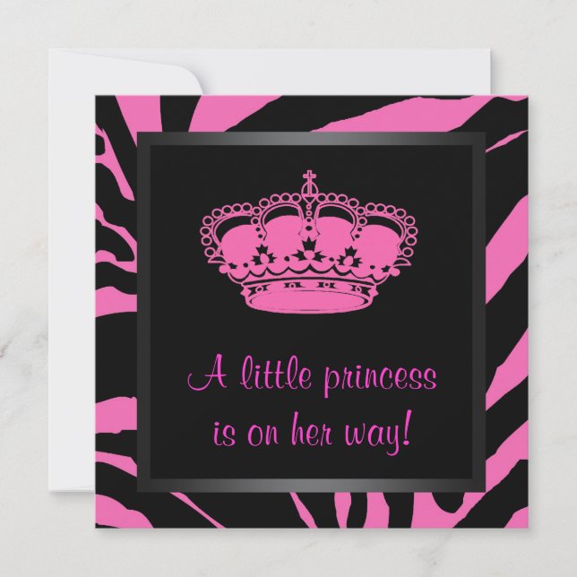 Invitación Princesa Crown Hot Pink Zebra Baby Shower (Anverso)