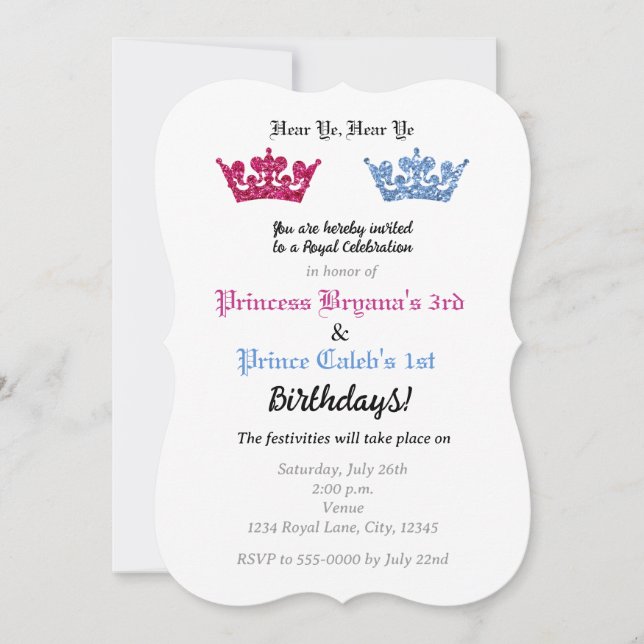 Invitación Princesa Crowne Twins Fiesta Rosa y Azul (Anverso)