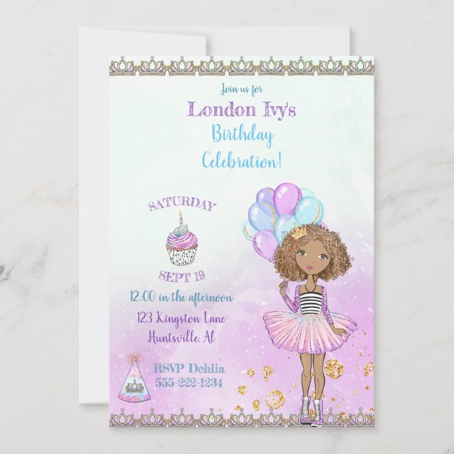 Invitación Princesa Cumpleañera Afroamericana Lavanda (Anverso)
