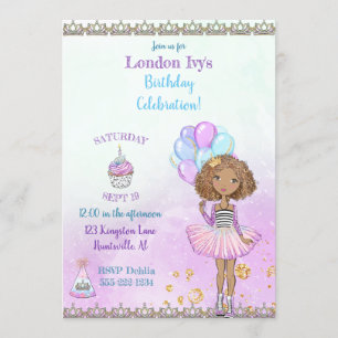 Invitación Princesa Cumpleañera Afroamericana Lavanda