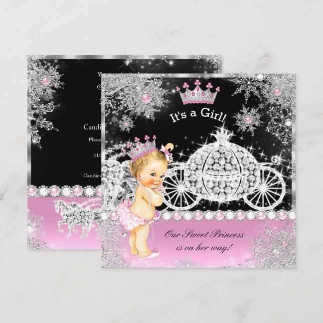 Invitación Princesa Cumpleaños Carruaje Rosa Negro Rubio (Anverso / Reverso)