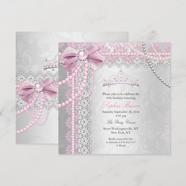 Invitación Princesa Cumpleaños Fiesta Lazo Arco Perla Rosa Pl (Anverso / Reverso)