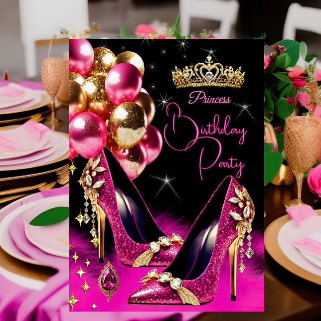 Invitación Princesa Cumpleaños Hot Pink Purpurina High Heels (Subido por el creador)