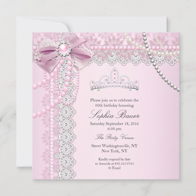 Invitación Princesa Cumpleaños Lazo de Arco Perla Rosa Fiesta (Anverso)