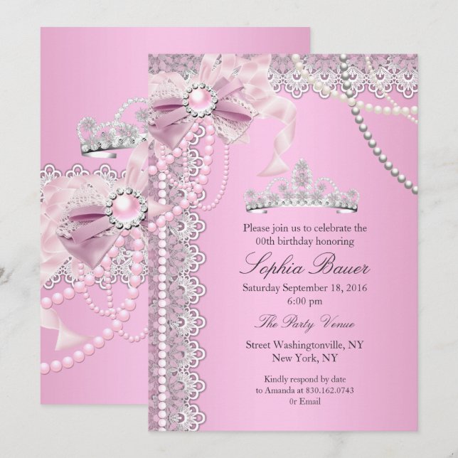 Invitación Princesa Cumpleaños Lazo de Arco Perla Rosa Fiesta (Anverso / Reverso)