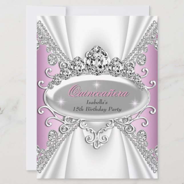 Invitación Princesa Cumpleaños Quinceañera Rosa Diamantes Gra (Anverso)
