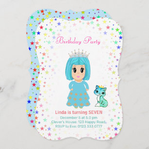 Invitación Princesa Cuta con Gato Gato Gatito Séptimo Cumplea