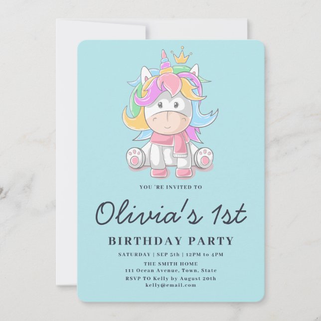 Invitación Princesa Cuta Unicornio Fiesta de primer cumpleaño (Anverso)