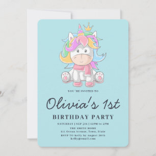Invitación Princesa Cuta Unicornio Fiesta de primer cumpleaño