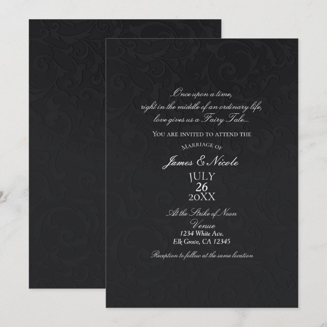 Invitación Princesa Damask Negro Elegante Libro de Cuentos de (Anverso / Reverso)