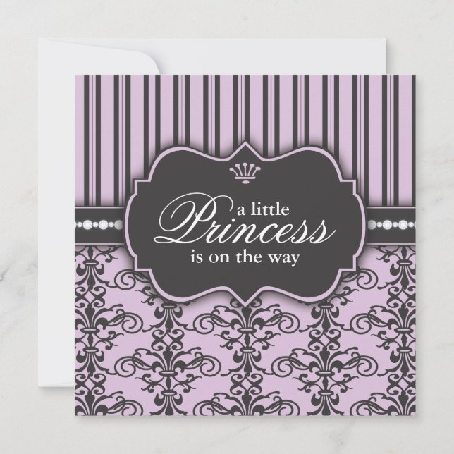 Invitación Princesa Damask y raya Baby Shower púrpura negro (Anverso)