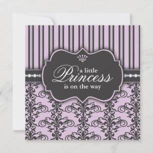 Invitación Princesa Damask y raya Baby Shower púrpura negro