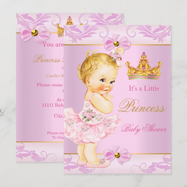 Invitación Princesa de Baby Shower Corona Niña Dulce Rosa Rub (Anverso / Reverso)
