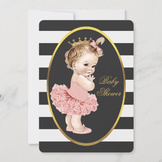 Invitación Princesa de Bebé en Tutu Black Stripes Gold (Anverso)