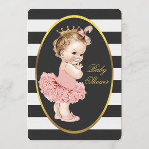 Invitación Princesa de Bebé en Tutu Black Stripes Gold