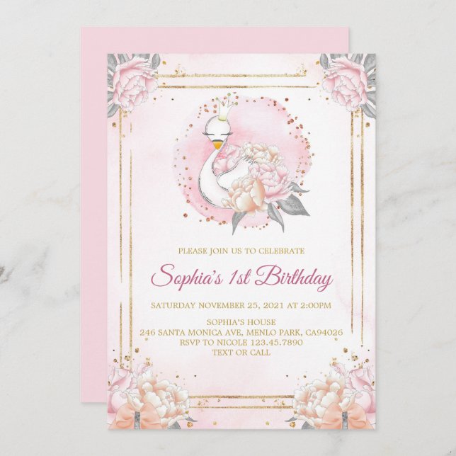 Invitación Princesa de Boho Swan Rosa Rubor Cumpleaños (Anverso / Reverso)
