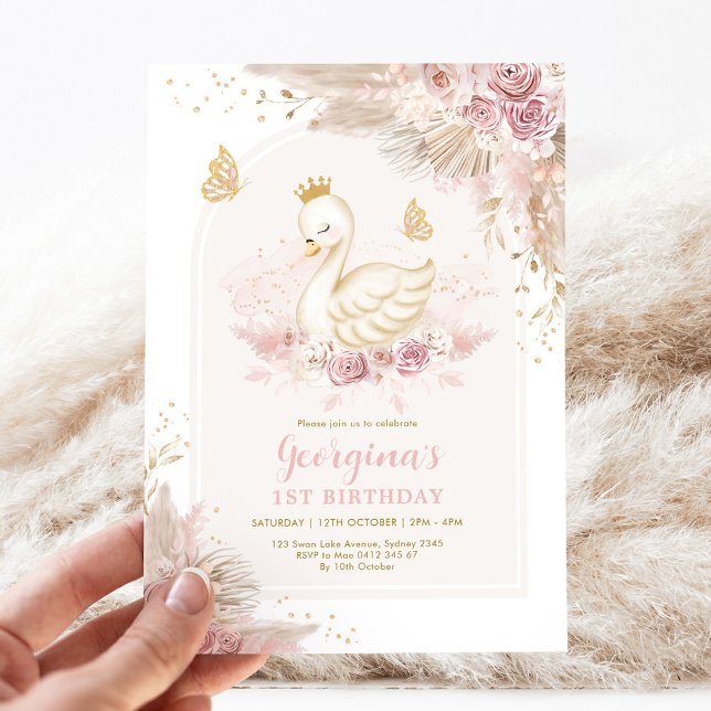 Invitación Princesa de Boho Swan Rosa Rubor Cumpleaños (Subido por el creador)