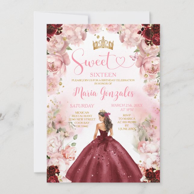 Invitación Princesa de Borgoña Vestido Floral Rosa Dulce Diec (Anverso)