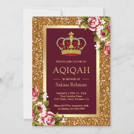 Invitación Princesa de Brillo Dorado Burgundy Floral Aqiqah