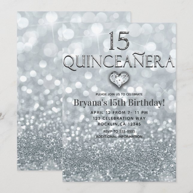 Invitación Princesa de Brillo Fiesta de Quinceañera Silver 15 (Anverso / Reverso)