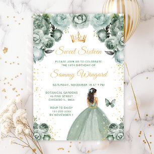 Invitación Princesa de cabello castaño verde salvia Sweet Six