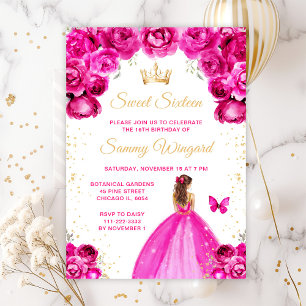 Invitación Princesa de cabello castaño y rosa caliente Cumple