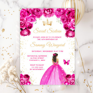 Invitación Princesa de cabello castaño y rosa caliente Cumple