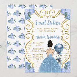 Invitación Princesa de cabello dulce y marrón en azul