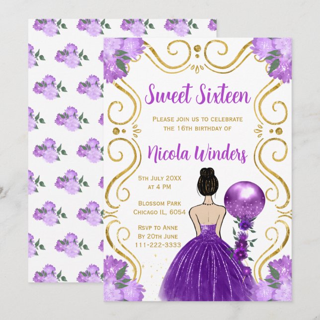 Invitación Princesa de cabello dulce y marrón en morado (Anverso / Reverso)