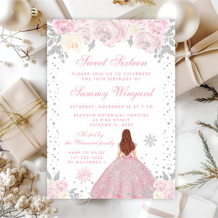 Invitación Princesa de cabello marrón rosada dulce dieciséis