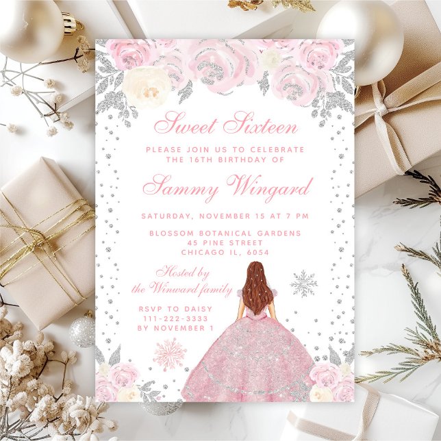 Invitación Princesa de cabello marrón rosada dulce dieciséis (Subido por el creador)