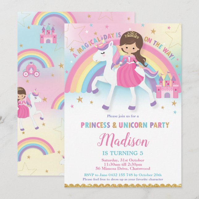 Invitación Princesa de cabello marrón y fiesta de cumpleaños  (Anverso / Reverso)