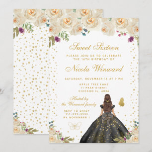 Invitación Princesa de cabello moreno floral crema Dulces Die
