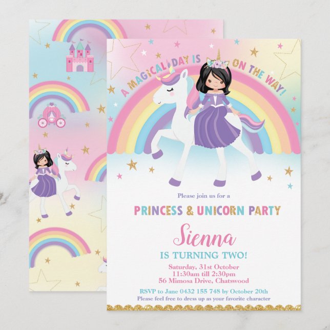Invitación Princesa de cabello negra Unicorn Fiesta de cumple (Anverso / Reverso)