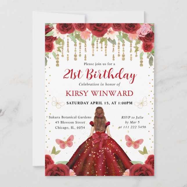 Invitación Princesa de Cabello Rojo con Vestido Rojo Cumpleañ (Anverso)