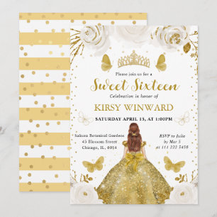 Invitación Princesa de Cabello Rojo Vestido Dorado Cumple 16
