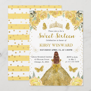 Invitación Princesa de Cabello Rojo Vestido Dorado Cumple 16