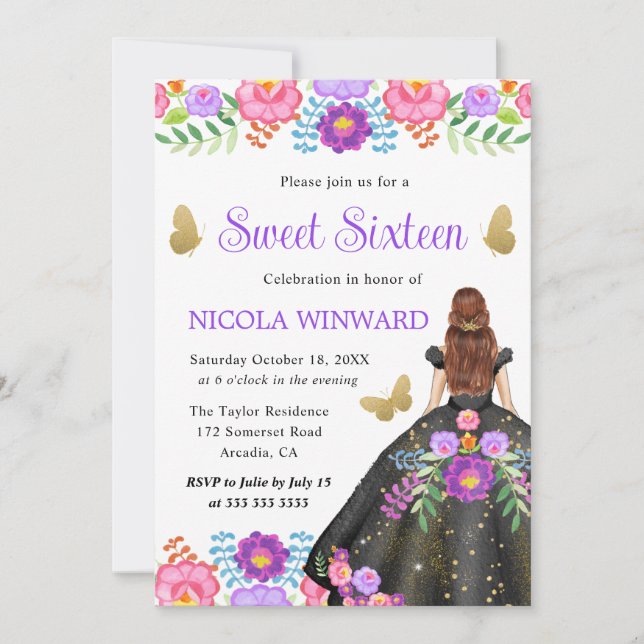 Invitación Princesa de Cabello Rojo Vestido Floral Mexicano S (Anverso)