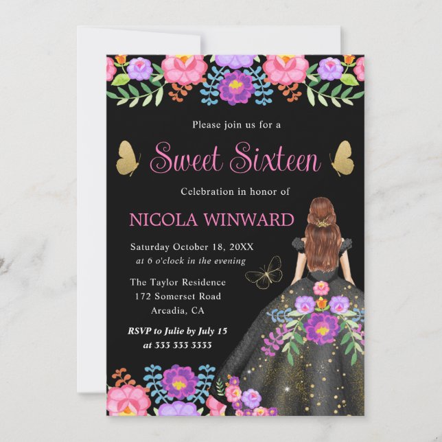 Invitación Princesa de Cabello Rojo Vestido Floral Mexicano S (Anverso)