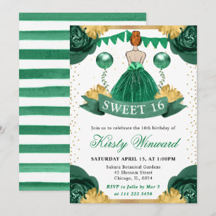 Invitación Princesa de Cabello Rojo Vestido Verde Cumple 16