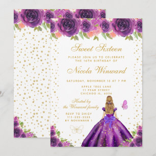 Invitación Princesa de cabello rubio con flores moradas Sweet