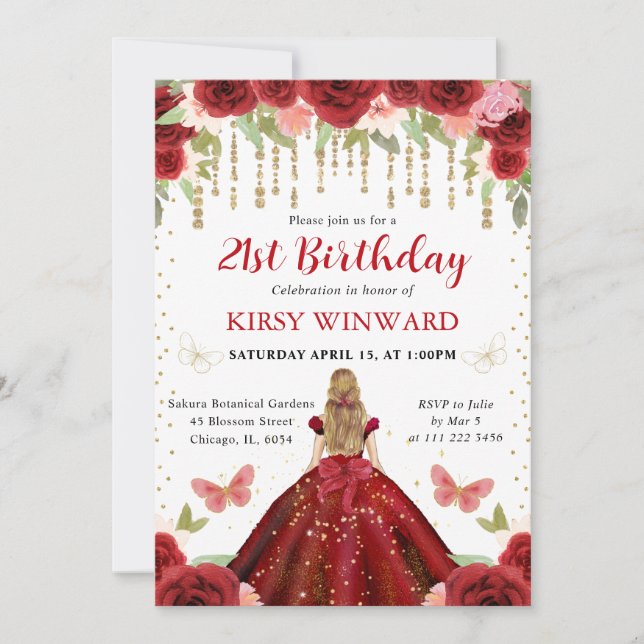 Invitación Princesa de Cabello Rubio con Vestido Rojo Cumplea (Anverso)