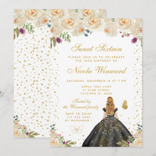 Invitación Princesa de cabello rubio floral crema Dulces Diec